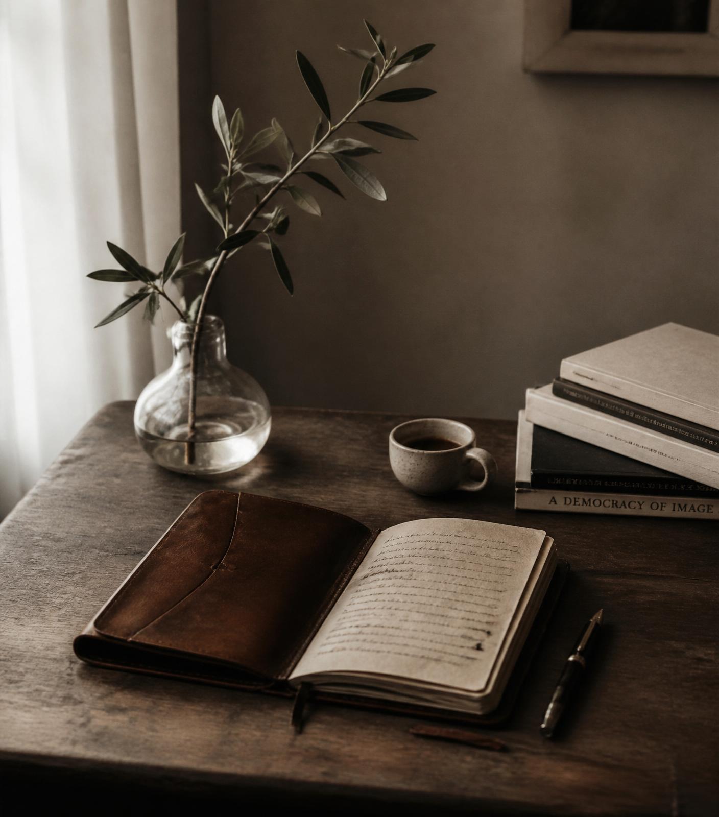 A leather notebook, olive branch, and espresso on a warm desk