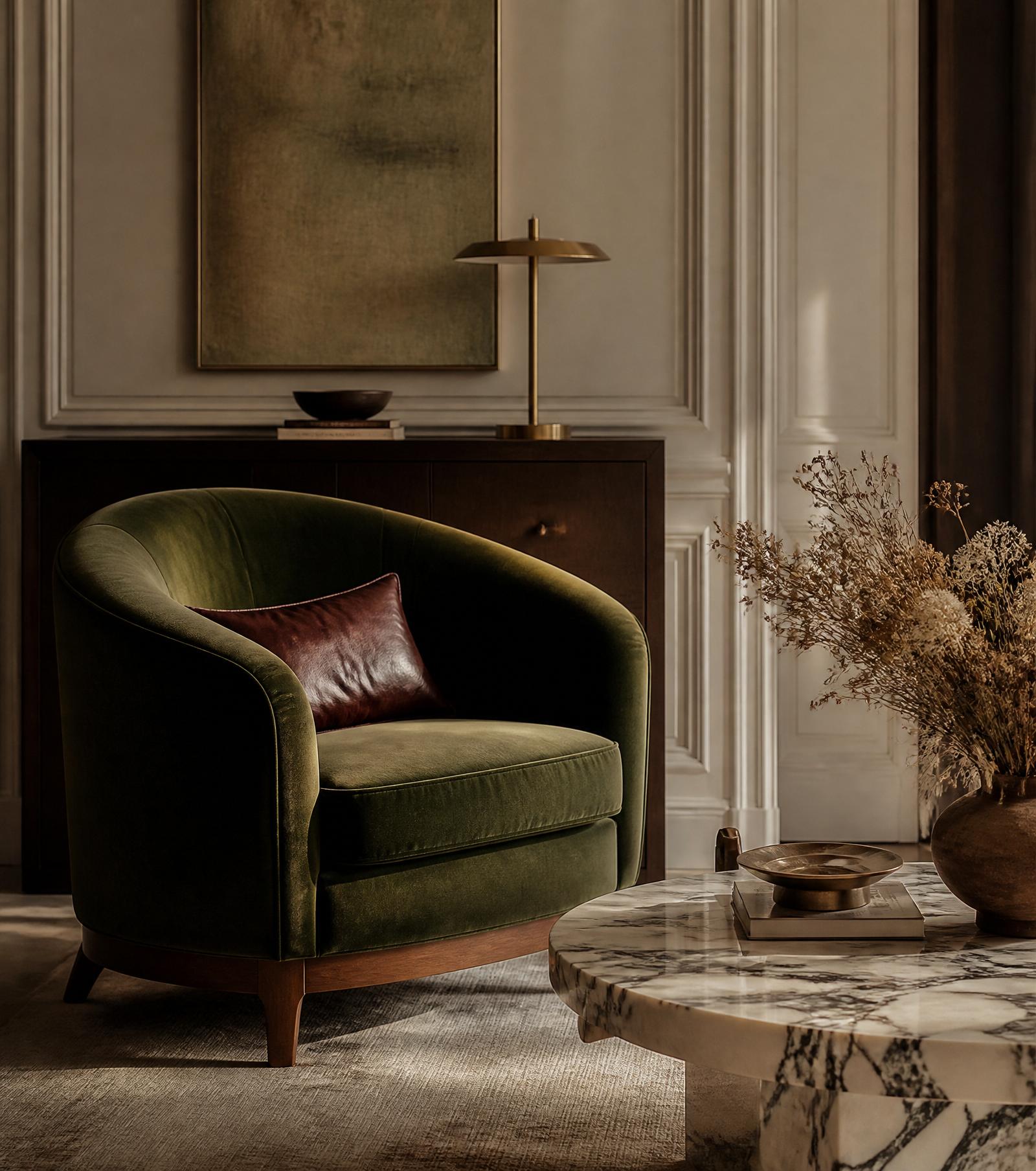 A quiet interior in olive velvet, brass, and marble