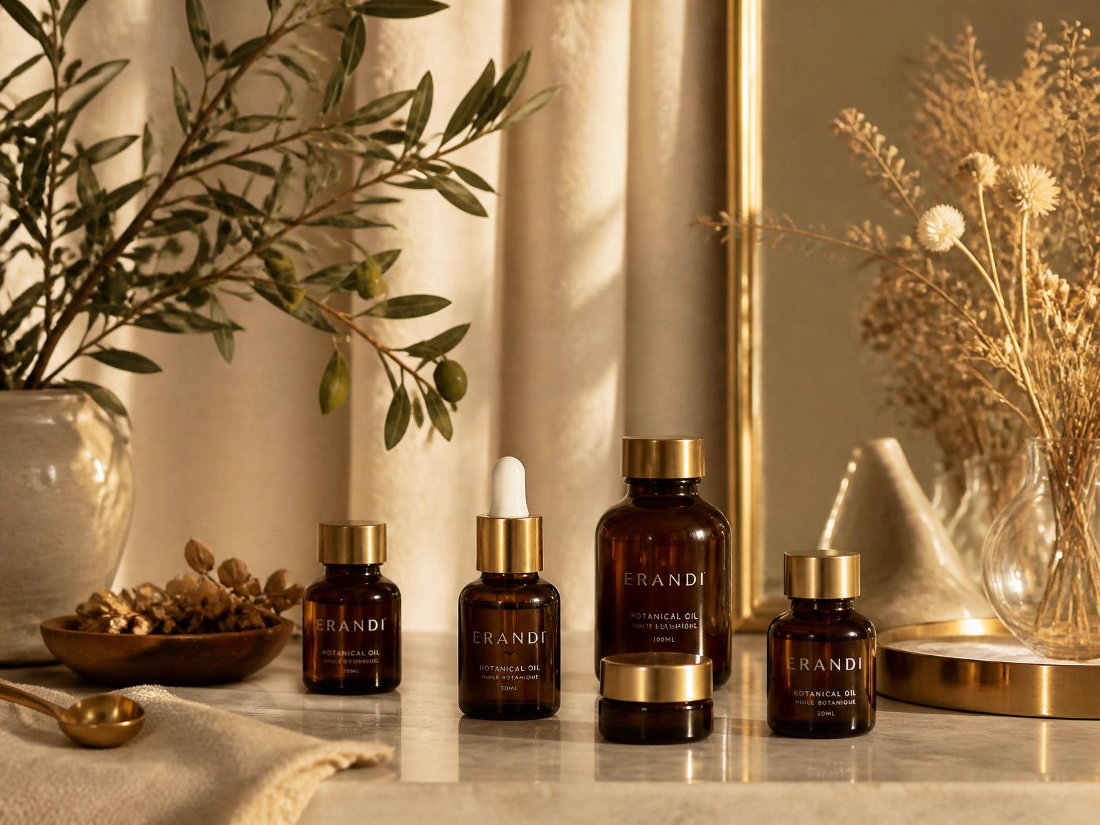 Amber botanical oil bottles with brass caps